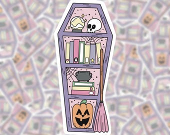 Sticker en vinyle pour étagère de livre cercueil hanté | Livre fantasmagorique | Gothique fantôme d'Halloween | Sticker Kobo pour bouteille d'eau Kindle | Cadeau lecteur club de lecture