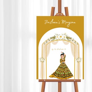 Letrero digital personalizado de bienvenida para boda: rústico amarillo mostaza con novia en lehenga y "Aaj Din Khushiyan Da", letrero personalizado de Jaago