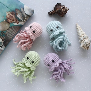Small crocheted jellyfish in 4 pastel colors - Amigurumi sea creature made of cotton image 1