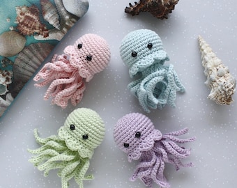 Small crocheted jellyfish in 4 pastel colors - Amigurumi sea creature made of cotton