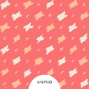 Op de afbeelding: Een roze achtergrond met een herhalend patroon van witte en perzikkleurige geometrische vormen. De tekst "sionia" staat in een cirkel onderaan de afbeelding.