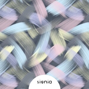 Könnte beinhalten: Abstraktes Muster mit überlappenden Pinselstrichen in Pastelltönen von Rosa, Blau, Gelb und Grau auf dunklem Grau. Das Design enthält den Markennamen "sionia" in einem weißen Kreis.