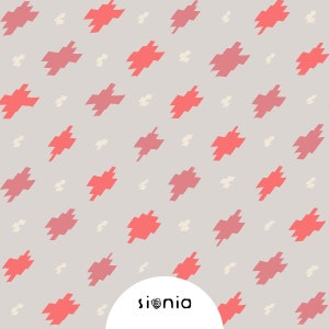 Könnte beinhalten: Ein nahtloses Muster mit hellgrauem Hintergrund und einem sich wiederholenden Muster aus rosa und roten geometrischen Formen. Das Muster ist schräg versetzt. Das Wort "sionia" befindet sich in der Mitte des Bildes.