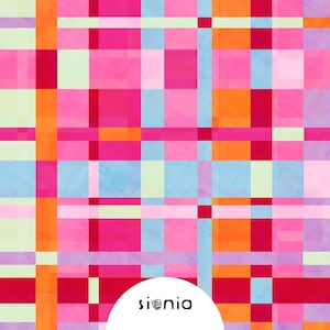 Könnte beinhalten: Abstraktes geometrisches Muster mit überlappenden Quadraten in den Farben Rosa, Orange, Rot, Blau und Grün. Das Muster wiederholt sich über das gesamte Bild.