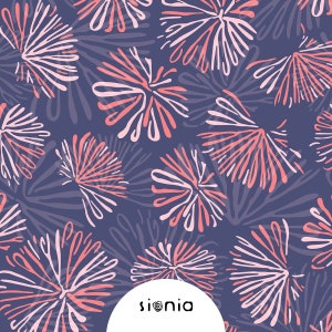 Könnte beinhalten: Ein nahtloses Muster mit stilisierten rosa und korallenfarbenen Blumen auf einem dunkelvioletten Hintergrund. Das Muster wiederholt sich über das gesamte Bild. Der Text "sionia" ist im unteren mittleren Bereich des Bildes sichtbar.