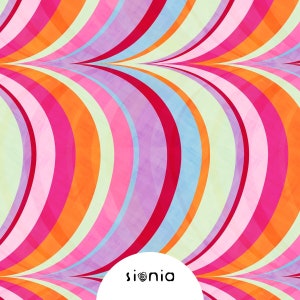 Könnte beinhalten: Abstrakter digitaler Kunstdruck mit einem farbenfrohen Muster aus geschwungenen Linien in den Farben Rosa, Orange, Lila und Blau. Die Linien erzeugen einen wirbelnden, hypnotischen Effekt.