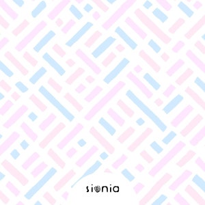 Könnte beinhalten: Ein weißer Hintergrund mit einem sich wiederholenden Muster aus hellblauen und rosafarbenen horizontalen Linien. Die Linien sind diagonal angeordnet und erzeugen einen karierten Effekt. Das Wort "sionia" ist in Schwarz in der Mitte unten des Bildes geschrieben.