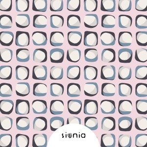 Könnte beinhalten: Ein rosa Hintergrund mit einem sich wiederholenden Muster aus überlappenden Kreisen und Quadraten in Blautönen, Weiß und Schwarz.