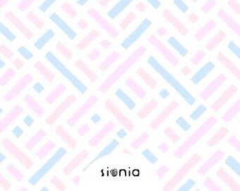 Könnte beinhalten: Ein weißer Hintergrund mit einem sich wiederholenden Muster aus hellblauen und rosafarbenen horizontalen Linien. Die Linien sind diagonal angeordnet und erzeugen einen karierten Effekt. Das Wort "sionia" ist in Schwarz in der Mitte unten des Bildes geschrieben.