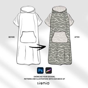 Könnte beinhalten: Eine Schwarzweiß-Zeichnung eines Kapuzenhandtuchs mit einer Tasche. Das Handtuch ist mit und ohne Wellenmuster dargestellt.