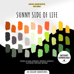Könnte beinhalten: Eine digitale Farbpalette mit 30 Farbfeldern in Orange-, Gelb-, Grün- und Grautönen. Die Palette trägt den Titel "Sunny Side of Life" und enthält den Text "Sofort-Download".