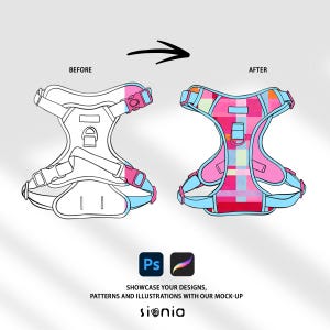 May include: A before and after illustration of a dog harness. The harness is outlined in black and white on the left side of the image. The right side of the image shows the harness with a pink, blue, and white plaid pattern.