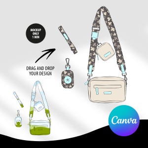 Può includere: Un mockup di una borsa a tracolla beige con una tracolla blu chiaro e una piccola borsa beige attaccata alla tracolla. La tracolla ha un motivo floreale. La borsa ha una cerniera blu chiaro e una tracolla blu chiaro. La borsa è su uno sfondo bianco. Il testo "Canva" è nell'angolo in basso a destra dell'immagine. Il testo "Trascina e rilascia il tuo design" è nell'angolo in alto a sinistra dell'immagine. Il testo "Mockup only 1 min" è in un cerchio nero nell'angolo in alto a sinistra dell'immagine.