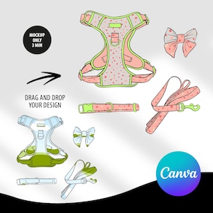 May include: A set of pink and green dog accessories, including a harness, lead, collar, and bow tie. The harness has a polka dot pattern, and the lead and collar are solid pink. The bow tie is light blue. The text "Canva" is visible in the bottom right corner of the image.