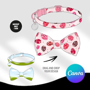 Könnte beinhalten: Ein Mockup eines pink- und weiß-karierten Hundehalsbands und einer Fliege mit Marienkäfer-Muster. Das Halsband hat ein Metalletikett und die Fliege ist mit einem Knoten gebunden. Der Text "DRAG AND DROP YOUR DESIGN" und das Canva-Logo sind auf dem Bild zu sehen.