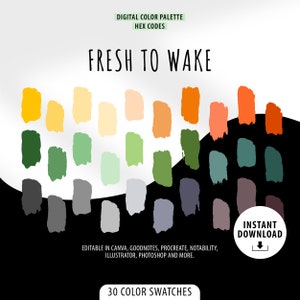 Könnte beinhalten: Digitale Farbpalette mit dem Text "FRESH TO WAKE" und "30 FARBFELDER". Das Bild zeigt eine Sammlung von Farbfeldern in verschiedenen Gelb-, Grün-, Orange- und Grautönen. Enthält den Text "SOFORT-DOWNLOAD".