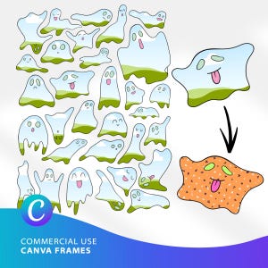 Könnte beinhalten: Eine Sammlung von geisterförmigen Rahmen mit hellblauem Himmel und grüner Landschaft als Füllung, inklusive eines separaten orangefarbenen, gesprenkelten Geisterrahmens mit einem schwarzen Pfeil nach unten. Text: Commercial Use Canva Frames.