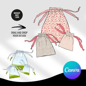 May include: Three drawstring bags with different patterns. The top bag has a pink and white floral pattern. The middle bag has a pink and white checkered pattern. The bottom bag has a pink and white striped pattern. The text "Canva" is visible in the lower right corner of the image.