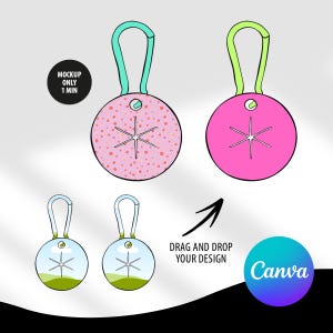 May include: Mockup of a round, pink and white patterned tag with a green loop. The tag has a white snowflake design in the centre. The text "MOCKUP ONLY 1 MIN" is in a black circle above the tag.  The text "DRAG AND DROP YOUR DESIGN" is above a blue and green circle with the word "Canva" in white text.