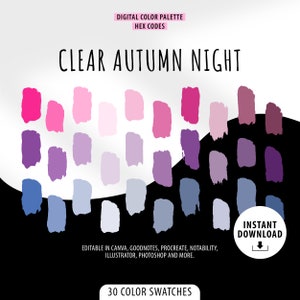 Könnte beinhalten: Eine digitale Farbpalette mit 30 Farbmustern in Rosa-, Lila- und Blautönen. Die Palette trägt den Titel "Clear Autumn Night" und enthält den Text "Digital Color Palette Hex Codes" und "30 Color Swatches".