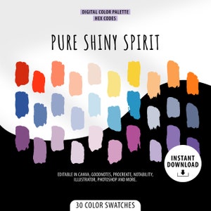 Può includere: Una tavolozza di colori digitale con 30 campioni di colore in una varietà di tonalità di rosso, arancione, giallo, blu, viola e rosa. La tavolozza è intitolata "Pure Shiny Spirit" e include il testo "30 Color Swatches" e "Download immediato".