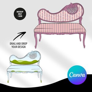Könnte beinhalten: Illustration von zwei verzierten Chaiselongues in Rosa und Weiß. Die obere Liege hat einen gestreiften Sitz und eine florale Rückenlehne. Die untere Liege ist weiß mit grünen Akzenten. Der Text "MOCKUP ONLY 1 MIN" und "DRAG AND DROP YOUR DESIGN" ist enthalten.