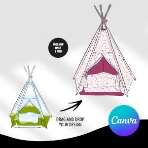Puede incluir: Ilustración de una tienda tipi para niños con un estampado de lunares rosas y blancos. El texto "MOCKUP ONLY 2 MIN" está en un círculo negro. El texto "DRAG AND DROP YOUR DESIGN" está debajo de una flecha. El logotipo de Canva está en la parte inferior derecha.