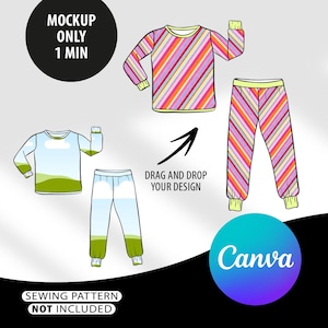 Könnte beinhalten: Eine digitale Mockup-Vorlage für einen langärmeligen Schlafanzug mit diagonalem Streifenmuster in Pink, Orange und Gelb sowie ein zweites Set mit blauem Himmel und grüner Landschaft. Der Text umfasst MOCKUP ONLY 1 MIN, DRAG AND DROP YOUR DESIGN und SEWING PATTERN NOT INCLUDED.
