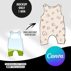 Könnte beinhalten: Ein Mockup eines Baby-Stramplers mit Herzmuster. Der Strampler ist hellbeige mit braunen Herzen. Das Bild enthält den Text "MOCKUP ONLY 1 MIN", "DRAG AND DROP YOUR DESIGN", "SEWING PATTERN NOT INCLUDED" und das Canva-Logo.