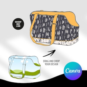 Könnte beinhalten: Ein Mockup eines schwarzen und weißen Tiertragetaschens mit gelbem Besatz. Die Tasche hat einen Griff und einen Reißverschluss. Der Text "DRAG AND DROP YOUR DESIGN" befindet sich unter der Tasche. Das Canva-Logo befindet sich unten rechts.