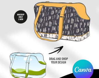 Op de afbeelding: Een mockup van een zwart-witte dieren draagtas met gele bies. De tas heeft een handvat en een ritssluiting. De tekst "DRAG AND DROP YOUR DESIGN" staat onder de tas. Het Canva-logo staat rechtsonder.
