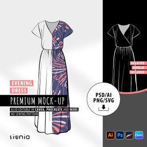 Evening Dress I PREMIUM MOCK-UPS I psd ai png svg I Vector Template I Digital Mock Up I Mock-Up Overlay I Lined mockup I Textile Mockup