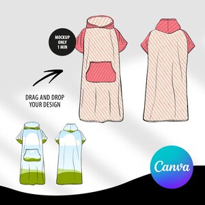 May include: A mockup of a hooded towel with a striped pattern in pink and beige. The towel has a pocket on the front. The text "MOCKUP ONLY 1 MIN" is in a circle on the left side of the image. The text "DRAG AND DROP YOUR DESIGN" is below the circle. The text "Canva" is in a circle on the bottom right side of the image.