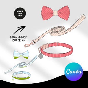 Könnte beinhalten: Eine Mockup-Vorlage für eine Hunde- oder Katzenfliege, ein Halsband und eine Leine. Die Fliege ist rosa-weiß gestreift, das Halsband ist rot-weiß gestreift und die Leine ist rosa-weiß gestreift. Der Text "DRAG AND DROP YOUR DESIGN" befindet sich auf dem Bild. Der Text "MOCKUP ONLY 1 MIN" befindet sich in einem Kreis auf dem Bild. Der Text "Canva" befindet sich in einem Kreis auf dem Bild.