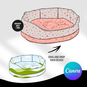 Könnte beinhalten: Ein Mockup eines Hundebetts mit einem rosa-grauen Punkte-Muster. Das Bett ist oval geformt und hat einen erhöhten Rand. Der Text "Drag and drop your design" ist über dem Bett geschrieben. Der Text "Canva" ist in einem blauen und violetten Farbverlauf unter dem Bett geschrieben.