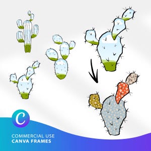 Könnte beinhalten: Ein digitales Illustrationsset mit fünf kaktusförmigen Rahmen mit schwarzen Umrissen. Vier Kakteen haben eine hellblaue und grüne Farbverlaufsfüllung, während der fünfte Kaktus verschiedene florale Muster in Orange-, Blau- und Brauntönen aufweist.