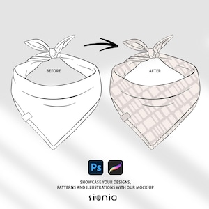 May include: A black and white illustration of a bandana before and after adding a pattern. The bandana is folded into a triangle shape. The pattern is a light gray and white plaid. The text "BEFORE" and "AFTER" is written on the bandanas.