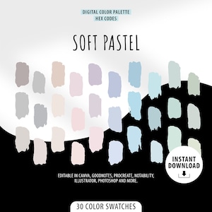 Könnte beinhalten: Eine digitale Farbpalette mit 30 sanften Pastellfarben, die in einem Raster von Farbfeldern angezeigt werden. Die Palette ist mit "Soft Pastel" beschriftet und enthält den Text "Digital Color Palette Hex Codes" und "30 Color Swatches".