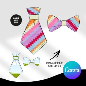 May include: A mockup image showing how to use Canva to create a design for a tie and bow tie. The image shows a striped tie and bow tie with a pink, blue, and orange color scheme. The text "DRAG AND DROP YOUR DESIGN" is included in the image. The Canva logo is also included in the image.