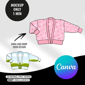 Könnte beinhalten: Rosafarbene Strickjacke mit weißem Herzmuster, offenem Schnitt und langen Ärmeln. Das Bild enthält den Text "MOCKUP ONLY 1 MIN", "DRAG AND DROP YOUR DESIGN" und "SEWING PATTERN NOT INCLUDED". Das Canva-Logo ist ebenfalls sichtbar.