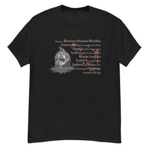 Puede incluir: Camiseta negra con un casco romano y texto. El texto dice: "Mi nombre es Maximus Decimus Meridius, Comandante...General...Padre...esposo...Tendré mi venganza."