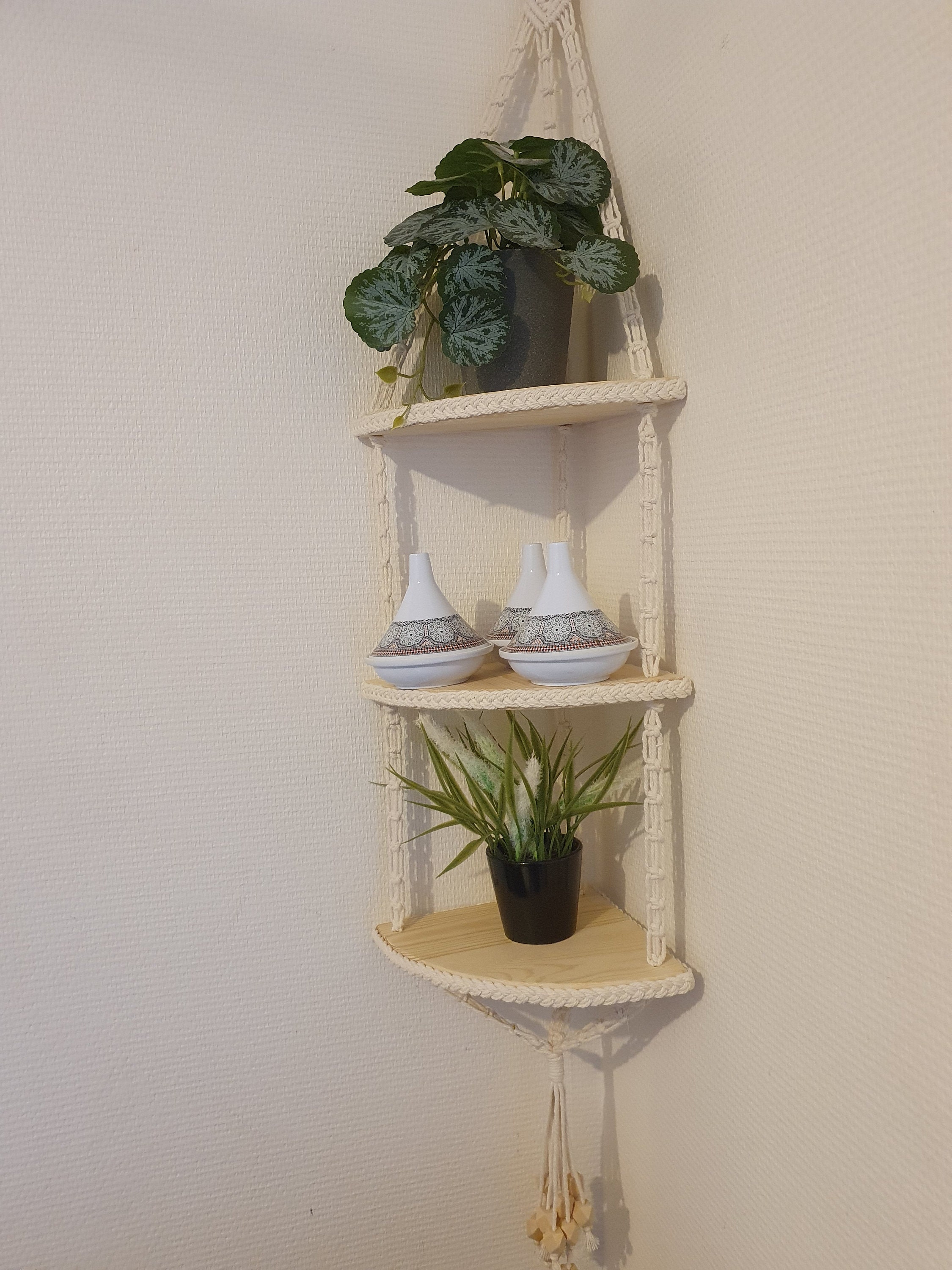 Etagère d'angle Macramé de 3 Niveaux, Étagère Rangement, Suspendue, Murale, Coin La Maison, en Bois,