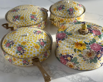 Vintage MacKenzie Childs buttercup pots and cake cover set of 4