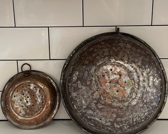 Antique primitive Copper Tinned Round Colander Strainer Rustic Farmhouse Kitchen Sieve Wall Decor