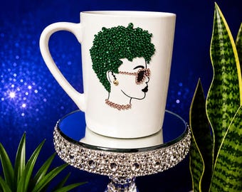 Afro Lady Bling Mug | Rhinestone Glam Coffee Cup | Personalized Gift