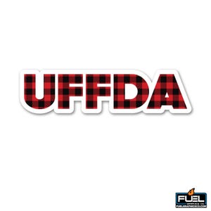 May include: A white sticker with the letters "UFFDA" in bold, red and black plaid. The sticker has a white border and a logo in the bottom right corner.