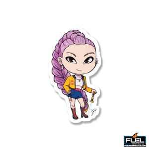 May include: A sticker featuring a cartoon character with purple hair in a long braid, wearing a yellow jacket, blue shorts, and red boots. The character is holding a sword. The sticker has the Fuel Graphics Co. logo.