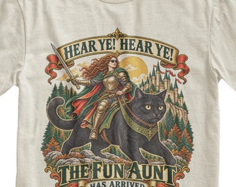 Fun Aunt Knight Riding Cat T-Shirt, Funny Auntie Medieval Meme Tee