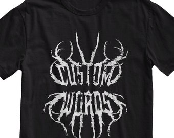 Koszulka deathmetalowa z nadrukiem, tekst w stylu gotyckiego metalu, personalizacja koszulki z tekstem, spersonalizowana koszulka
