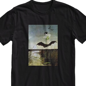 Vintage Bat Rider Fairy T-Shirt, Fairycore Clothing, Grunge Fairy Shirt, Vintage Art Shirt, Gothic Shirt, Aesthetic Clothing, Goth Top